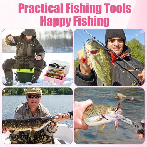 RoundFunny 3 Layers Fishing Tackle Box 414 Pcs Fishing Gift Lures Gear Kit with Tackle Included Pliers Lip Gripper Bait Hook Accessories for Beginner Fisherman Women Men, Fit Bass Trout - color: Pink