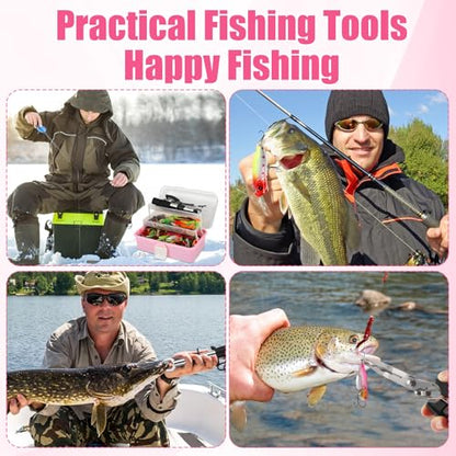 RoundFunny 3 Layers Fishing Tackle Box 414 Pcs Fishing Gift Lures Gear Kit with Tackle Included Pliers Lip Gripper Bait Hook Accessories for Beginner Fisherman Women Men, Fit Bass Trout - color: Pink
