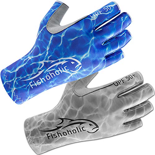 Fishoholic UPF50+ Fingerless Fishing Gloves - Sticky Grip Sun Protection Glove - Kayaking Paddling or Rowing - color: Blue H2O Camo, size: L / XL