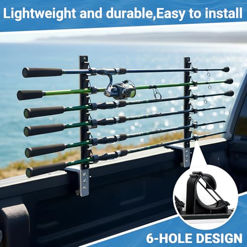 Shimeyao Aluminum Truck Bed Fishing Rod Holder, 6-rod Capacity, No Drilling Clamp-on Design, Pickup Truck & Boat, Gift for Pickup Owners, Fishing, Outdoors, Dad, Family