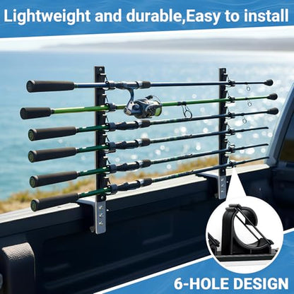 Shimeyao Aluminum Truck Bed Fishing Rod Holder, 6-rod Capacity, No Drilling Clamp-on Design, Pickup Truck & Boat, Gift for Pickup Owners, Fishing, Outdoors, Dad, Family