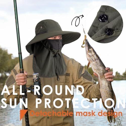 Mens Women Fishing Hat UPF 50+ Wide Brim Sun Hat with Face Cover & Neck Flap - color: Green