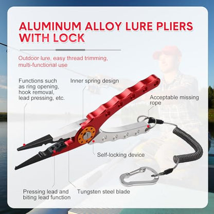 Lasnten 2 Pcs Fishing Pliers Saltwater Braid Cutters 7.8'' Fishing Hook Remover Split Ring Fishing Tools with Sheath and Lanyard Gear Gifts for Fish Line Cutting Boat Fly Ice Fishing (Red, Silver) - color: Red, Silver