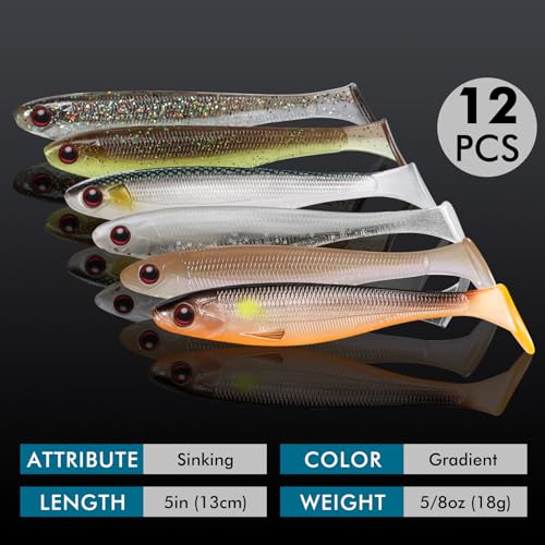 TRUSCEND Shadtale Easy Catch Soft Fishing Lures, Unique Vibration and Action for Various Rigs, Paddle Tail Swimbaits Trailer for Bass, Trout, Crappie, Walleye, Redfish, Saltwater & Freshwater Fishing - color: 5",12pcs,0.6oz