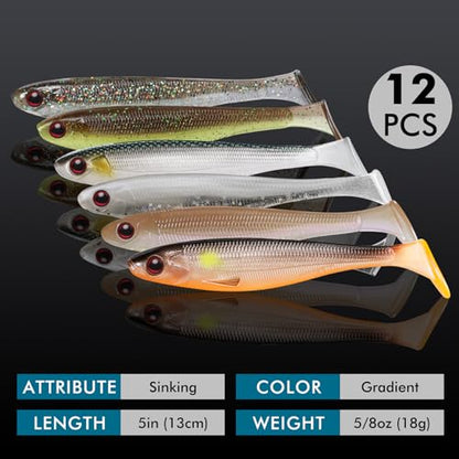 TRUSCEND Shadtale Easy Catch Soft Fishing Lures, Unique Vibration and Action for Various Rigs, Paddle Tail Swimbaits Trailer for Bass, Trout, Crappie, Walleye, Redfish, Saltwater & Freshwater Fishing - color: 5",12pcs,0.6oz