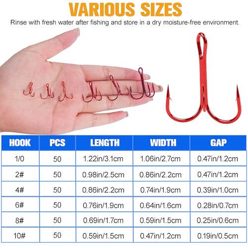 50 Pack Fishing Treble Hooks Kit High Carbon Steel Fish Hook Strong Sharp Round Bend Split Rings for Lures Baits Saltwater Freshwater Fishing Size 1/0 2 4 6 8 10 - color: Red, size: 4# - 50pcs