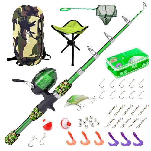 Lanaak Kids Fishing Pole, Kids Portable Telescopic Fishing Rod Set, Tackle Box and Fishing Net Combo Kit, Kids Fishing Gear for Boys and Girls Age 5-10 and Youth - color: Camo Green, size: 1.2m or 3.9FT