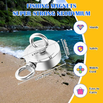 VNDUEEY 1000LBS Magnet Fishing Kit, 2.95" Double Hole Fishing Magnet Kit with Rope, Strong Magnets for Retrieving in River Lake Beach and Lawn, Includes 65Ft Rope, Carabiner, Gloves, Grappling Hook - size: 2.95" 1000LBS, style: Double Hole Kit