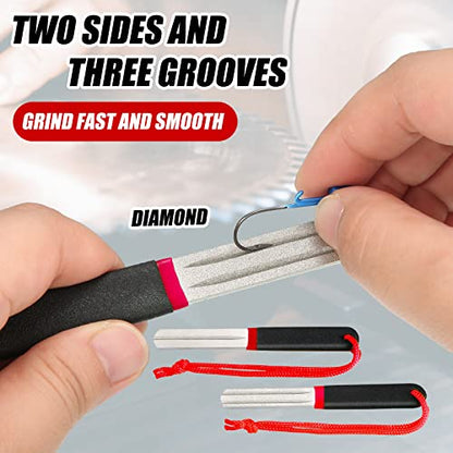 Skylety 2 Pcs Hook Sharpener Hook File for Fishing Diamond File with Handle Portable Double Sided Fine and Medium Grit for Fishing - color: Red