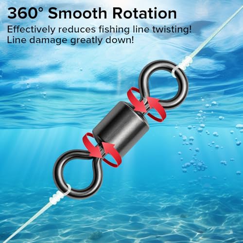 DONQL 200pcs Fishing Barrel Swivels, Stainless Steel Rolling Bearing Snap Connector for Saltwater Freshwater Leader Line Lure, Swivels Fly Fishing Tackles 61.7lbs to 6.6lbs #4#6#8#10#12#14