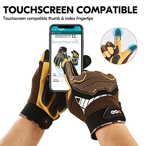 Vgo... 1-Pair Heavy Duty Synthetic Leather Work Gloves, Impact Protection Mechanic Gloves, Rigger Gloves, Vibration Reduction, Touchscreen Capable (Size L, Brown, SL8849) - color: Brown-regular, size: Large (1 Pair)