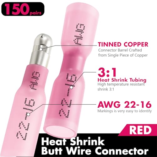 Jeemiter 300PCS 22-16AWG Heat Shrink Bullet Connectors Kit - Red Male & Female Waterproof Electrical Terminals for Automotive Wiring, Marine, Boat, 12V Truck Lights, Stereo & DIY in Dual-Neck Bottle - size: AWG22-16