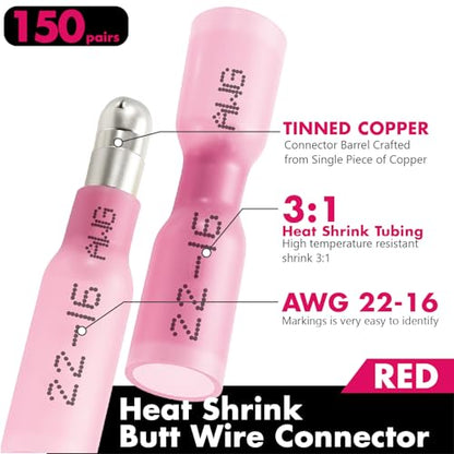 Jeemiter 300PCS 22-16AWG Heat Shrink Bullet Connectors Kit - Red Male & Female Waterproof Electrical Terminals for Automotive Wiring, Marine, Boat, 12V Truck Lights, Stereo & DIY in Dual-Neck Bottle - size: AWG22-16