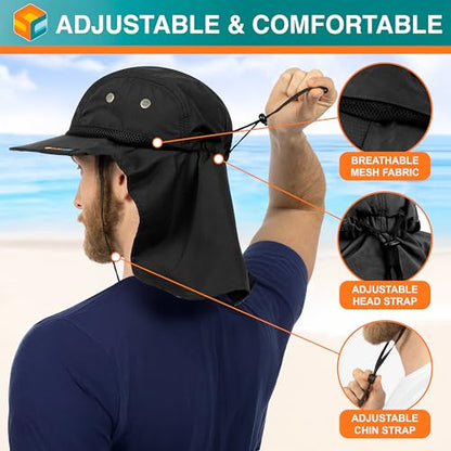 SUN CUBE UPF50+ Sun Hat for Men Women with Neck Flap, Wide Brim UV Protection Fishing Safari Hat for Hiking Beach Gardening - color: Black