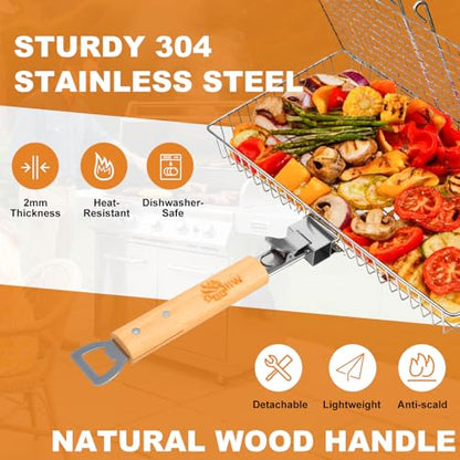 Fish Grill Basket for Outdoor Grill, Stainless Steel ，Removable Wooden Handle, Locking Grill Basket for Fish, Shrimp & Vegetables, Portable Camping BBQ Accessories for Charcoal Grill, Backyard BBQ, Cookout & Tailgating