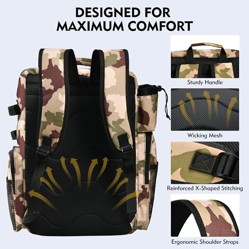 MGB 46L Fishing Tackle Backpack with 2 Rod Holders & YKK Zipper Storage Fishing Gear and Equipment, Gifts for Men Father - color: Brown Camo（without Tackle Box）