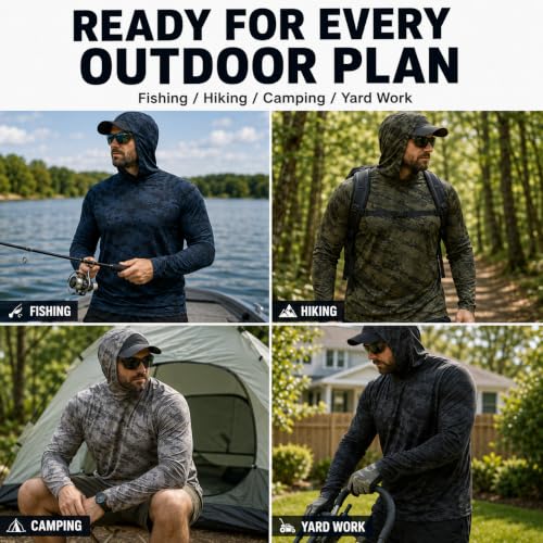 5 Pack Men's Camouflage Long Sleeve Hooded Shirt with Balaclava Face Mask,Sun Protection Fishing Hunting Rash Guard