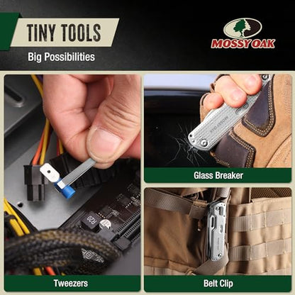 Mossy Oak 13-in-1 Multitool Pocket Knife, Razor-Sharp Stainless Steel Multitool Knife with Clip, Tiny Tools with Scissors, Opener, Screwdriver, Glass Breaker for Camping, Survival, Hiking, Daily Tasks