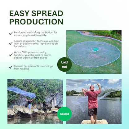 Cast Nets 4.5ft-10ft Radius|3/8",1/2",1" Mesh for Fishing with Chain Bottom, Salt Water Casting Fishing Net Gear, Easy Throw Nets Fishing Bait - Elite Series - size: 5' Radius | 3/8" Mesh