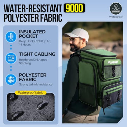 PLUSINNO Fishing Backpack with Rod Holders 4 Tackle Boxes, 42L Large Water-Resistant Fish Tackle Bag Store Fishing Gear, Camping, Hiking Gifts for Men Father, Green - color: Green With 4 Tackle Boxes