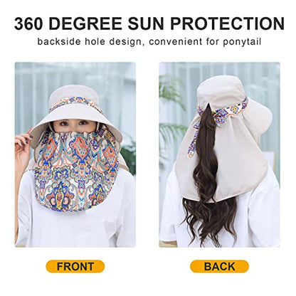 Women Wide Brim Face Mask Sun Hat Detachable Neck Face Flap Ponytail UV Protection Visor Hat Garden Fishing Hiking - color: M9099-mise