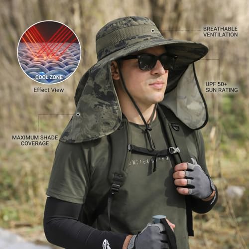 HUAMULAN Men Summer Sun Hat Women Safari Wide Brim Fishing Hats UV Protection Neck Flap Bucket Gardening Hiking Hunting Cap - color: Hyp016-junlv-smo
