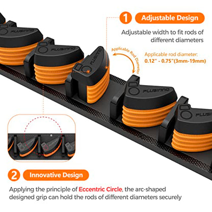 PLUSINNO V9 Vertical Fishing Rod Holders, Wall Mounted Fishing Pole Holders, Fishing Rod Rack Holds Up to 9 Rods or Combos, Fishing Rod Holders for Garage,Fishing Gear and fishing Gifts for Men - style: Orange 1-pack (store 9 combos)