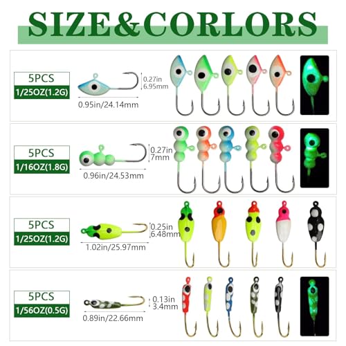 Dovesun Ice Fishing Jigs Kit Ice Fishing Lures Glow in The Dark Fishing Gear Lures 20-93Pcs Jig Head with Tackle Box for Panfish Walleye Crappie Perch Bluegil Trout - color: 20pcs