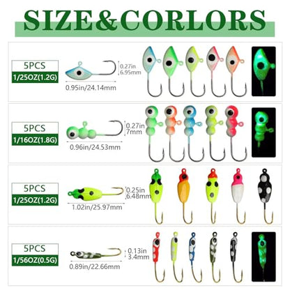 Dovesun Ice Fishing Jigs Kit Ice Fishing Lures Glow in The Dark Fishing Gear Lures 20-93Pcs Jig Head with Tackle Box for Panfish Walleye Crappie Perch Bluegil Trout - color: 20pcs