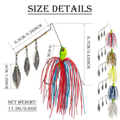 5pcs Spinner Baits Fishing Lures Kit,Willow Leaf Spinnerbait Buzz Bait,Silicon Skirt Swim Jigs Fishing Tackle Spinner Baits for Bass Trout Salmon Pike Saltwater Freshwater