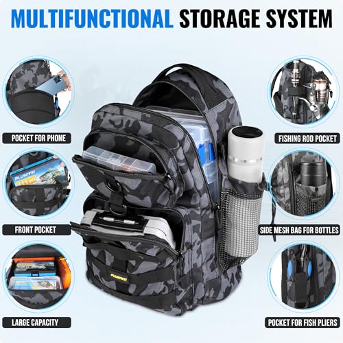PLUSINNO Fishing Gear- Fishing Rod and Reel Combos, Fishing Backpack, Fishing Net, Fishing Bag with Rod Holders and Tackle Box for Freshwater/Saltwater, Fishing Gifts for Men - style: Black Backpack With Rod&net