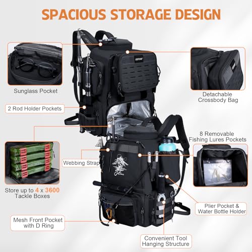 Goture Fishing Backpack with 4 Tackle Boxes,58L 900D Water-Resistant Tackle Backpack with Cooler,Rod Holders,8 Lure Pockets, Detachable Crossbody Bag,Gear Storage Large Fishing Bag for Camping Hiking - color: D1:black With 4 Tackle Boxes