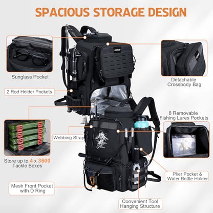 Goture Fishing Backpack with 4 Tackle Boxes,58L 900D Water-Resistant Tackle Backpack with Cooler,Rod Holders,8 Lure Pockets, Detachable Crossbody Bag,Gear Storage Large Fishing Bag for Camping Hiking - color: D1:black With 4 Tackle Boxes