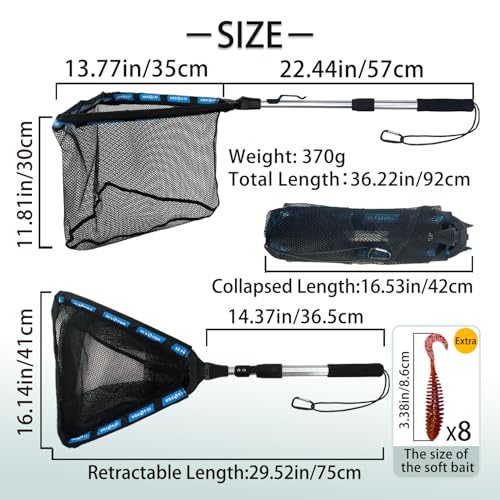 Floating Telescoping Rubber Fishing Net with Handle Lightweight Fly Fish Net Silicone Foldable Freshwater and Saltwater Extendable Fishpond Kayak Fish Landing Net - color: Floating Polyester Fiber Coated Net-Blue&Silver-36"