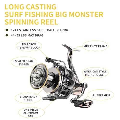 HAUT TON Spinning Reel 8000/9000/10000/12000/14000,6+1BB Metal Surf Fishing Reels,4.8:1 Gear Ratio 55lbs Drag Heavy Long Casting Inshore Saltwater Monster Fish - size: 9000, style: Ht-ngk