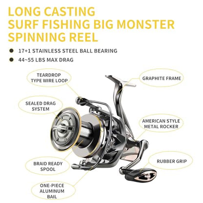 HAUT TON Spinning Reel 8000/9000/10000/12000/14000,6+1BB Metal Surf Fishing Reels,4.8:1 Gear Ratio 55lbs Drag Heavy Long Casting Inshore Saltwater Monster Fish - size: 10000, style: Ht-ngk