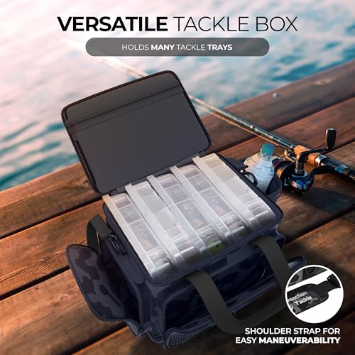 Reaction Tackle Camo Fishing Tackle Bag, Water Resistant Soft Tackle Storage Bag with Removable Dividers for 3600 and 3700 Trays