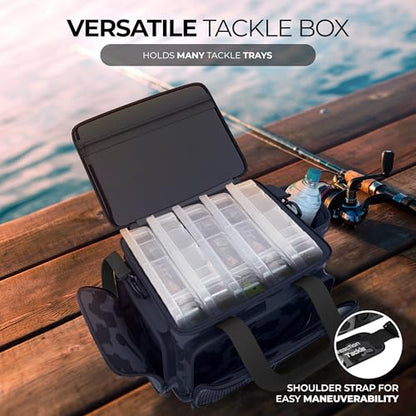 Reaction Tackle Camo Fishing Tackle Bag, Water Resistant Soft Tackle Storage Bag with Removable Dividers for 3600 and 3700 Trays