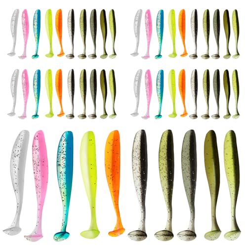 50 PCS Soft Plastic Baits Paddle Tail Swim Baits Fishing Lures Glide Bait Paddle Tail Swimbaits Lures Bass Fishing Bait Pre-Rigged Jig Head Soft Fishing Lures Kit Trout for Saltwater Freshwater