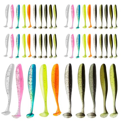 50 PCS Soft Plastic Baits Paddle Tail Swim Baits Fishing Lures Glide Bait Paddle Tail Swimbaits Lures Bass Fishing Bait Pre-Rigged Jig Head Soft Fishing Lures Kit Trout for Saltwater Freshwater