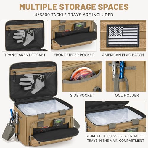 Fishing Bag with 4 * 3600 Tackle Boxes - Saltwater & Freshwater Compatible, Water Resistant & Durable Fishing Bags with Padded Shoulder Strap - Pliers and Gear Storage (Khaki) - color: Khaki, style: With 4 Tackle Boxes