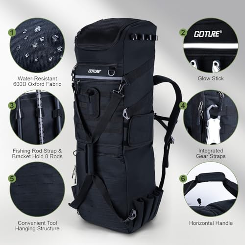 Goture 61L Large Fishing Backpack Tackle Bag, 3-Layer with 6 Tackle Boxes Included - color: A2:116L Black (with 6 Tackle Boxes)