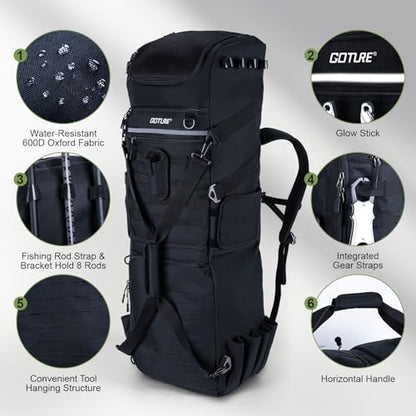 Goture 61L Large Fishing Backpack Tackle Bag, 3-Layer with 6 Tackle Boxes Included - color: A2:116L Black (with 6 Tackle Boxes)