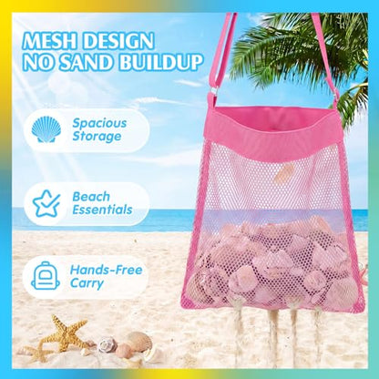 VioraWhite 2 Pcs Extra Large 14 x 16inch Clam Mesh Chum Beach Bags for Seashells Clams Treasures Sand Away Foldable Shell Collection Bags with Adjustable Straps (Pink) - color: Pink