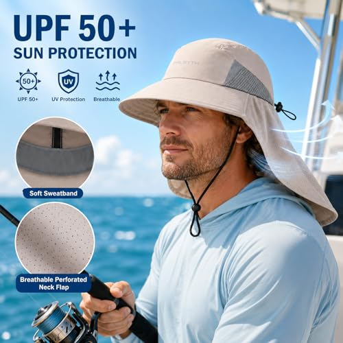 Palmyth Fishing Hat Wide Brim Sun Hat with Neck Flap & Sunglasses Storage | Sun Protection, Adjustable Fit, Breathable Mesh & Sweatband, Foldable, For Men & Women - color: Sand