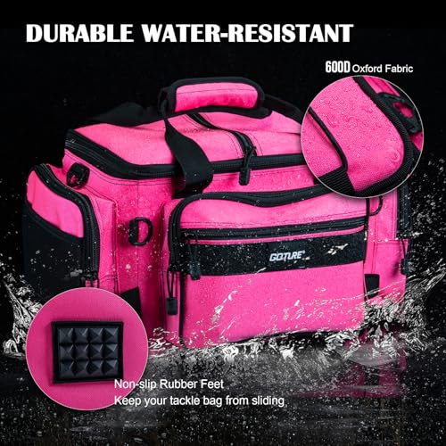 Goture Fishing Tackle Bag,Store Up to 4PCS 3700 Tackle Boxes(Not Included),600D Soft Side Water-Resistant Saltwater Gear Storage Fishing Bag with Rod Straps,Detachable Water Bottle Pouch,SBS Zippers - color: A3:Pink(Without Trays-17.72"x11.81"x9.45"), siz