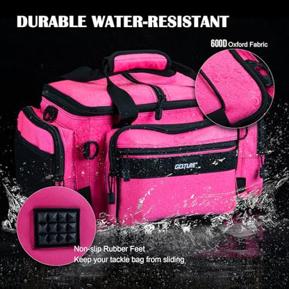Goture Fishing Tackle Bag,Store Up to 4PCS 3700 Tackle Boxes(Not Included),600D Soft Side Water-Resistant Saltwater Gear Storage Fishing Bag with Rod Straps,Detachable Water Bottle Pouch,SBS Zippers - color: A3:Pink(Without Trays-17.72"x11.81"x9.45"), siz
