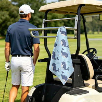 Cartoon Whales Fish Blue Pattern Magnetic Golf Towel for Golf Bags Microfiber Golf Essentials for Women Men with Carabiner Clip Attaches to Clubs and Carts, 17.7"x17.7"