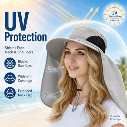 HUAMULAN Women Large Brim Sun Hat with Neck Flap, Men Quick Dry Hiking Fishing Safari Hat UPF 50+ - color: Yq005-lightgray