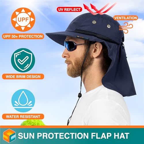 SUN CUBE UPF50+ Sun Hat for Men Women with Neck Flap, Wide Brim UV Protection Fishing Safari Hat for Hiking Beach Gardening - color: Navy